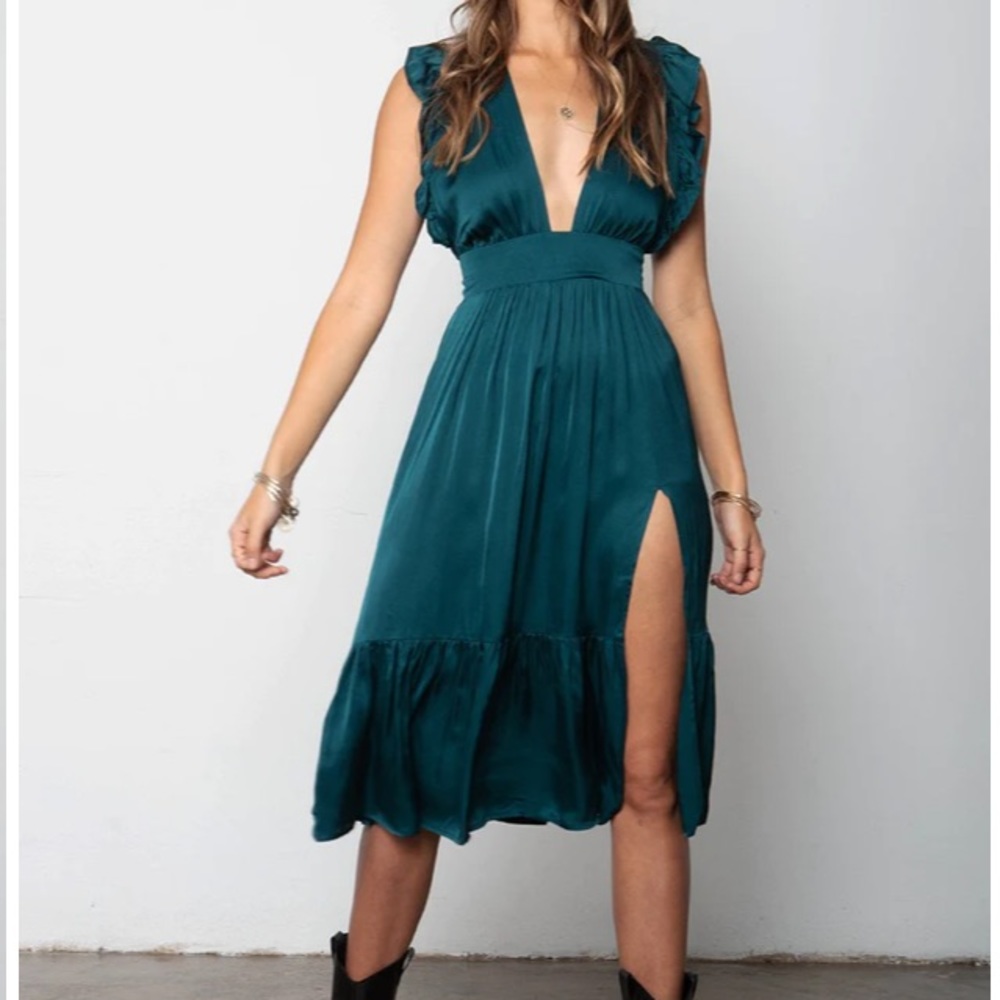 Teal Ruffle Midi Dress with Deep V and Side Slit